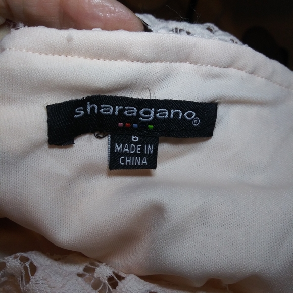 Sharagano Pale Pink Lace Sheath Dress With Convertible Neckline - Picture 9 of 11